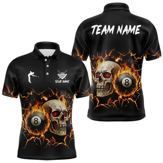 Maxcorners Personalized Skull 8 Ball Fire Billiard Shirt For Men Custom Pool Team Shirt, Billiard Jersey
