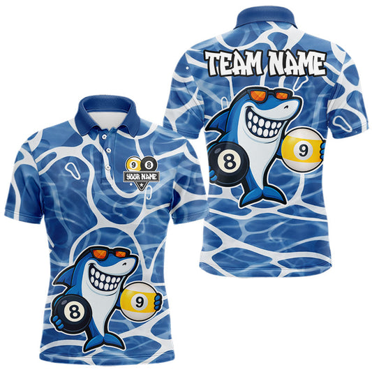 Maxcorners Blue Funny Shark 8 Ball & 9 Ball Billiard Shirt For Men Custom Pool Team Jersey Polo & 1/4 Zip