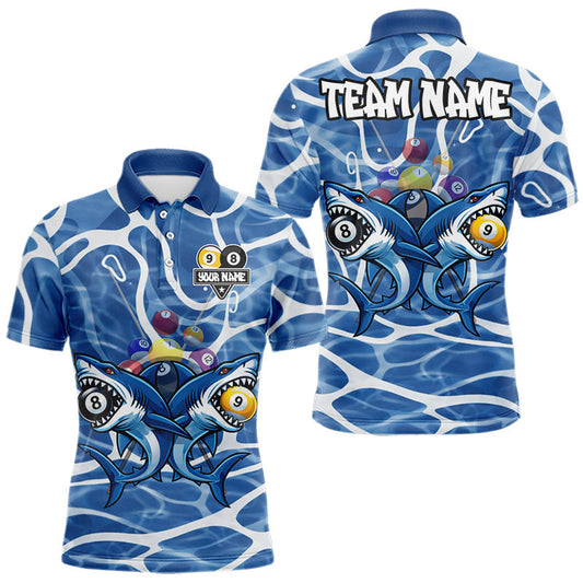 Maxcorners Blue Funny Shark 9 Ball & 8 Ball Billiard Shirt For Men Custom Pool Team Jersey Polo & 1/4 Zip