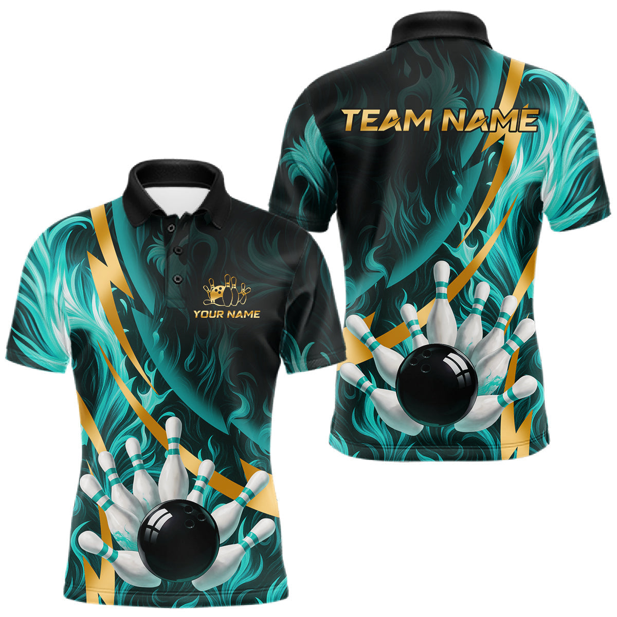 Maxcorners Personalized Teal Flame And Gold Bowling Shirts For Men Custom Bowling Team Jersey Polo & 1/4 Zip