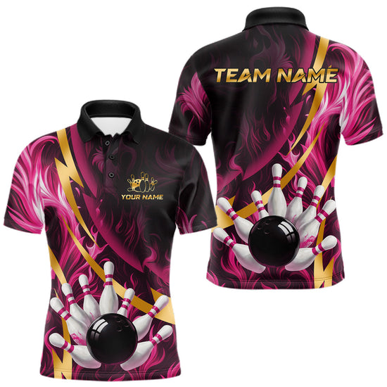 Maxcorners Personalized Pink Flame And Gold Bowling Shirts For Men Custom Bowling Team Jersey Polo & 1/4 Zip