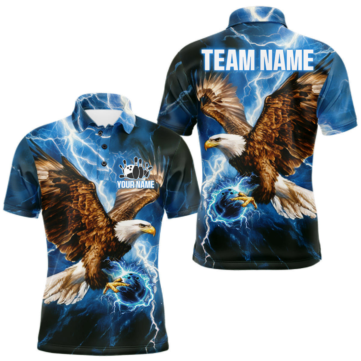 Maxcorners Blue Lightning Thunder Custom Eagle Bowling Shirts For Men Personalized Bowling League Team Jersey
