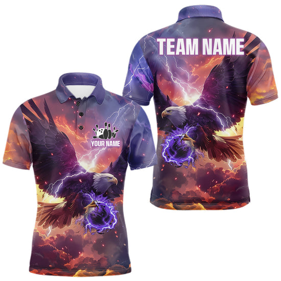 Maxcorners Orange And Purple Lightning Thunder Custom Eagle Bowling Shirts For Men Bowling League Team Jersey