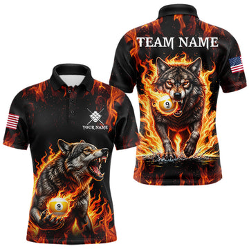 Maxcorners Custom Orange Flaming 9 Ball Pool Wolf Billiard Shirts For Men, Pool Team Jersey Polo & 1/4 Zip