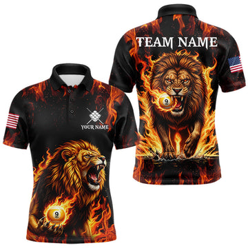 Maxcorners Custom Orange Flaming 9 Ball Pool Lion Billiard Shirts For Men, Pool Team Jersey Polo & 1/4 Zip