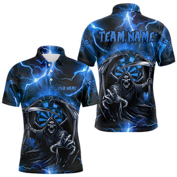 Maxcorners Personalized Blue Death Skeleton Custom Thunder Lightning Men Dart Shirts, 3D Darts Team Jerseys