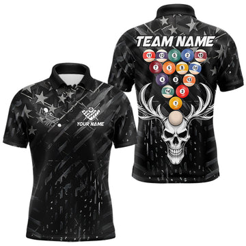 Maxcorners Black American Flag Skull 8 Ball Billiard Pool Shirts For Men Custom Billiard League Team Jersey