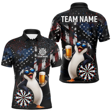 Maxcorners Funny Penguin Grunge American Flag Darts Shirt For Men Custom Darts Jersey Team Polo & 1/4 Zip