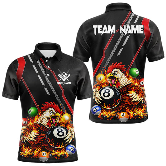 Maxcorners Funny Chicken Flame 8 Ball Billiard Shirt For Men Custom Billiard Team Jersey Polo & 1/4 Zip