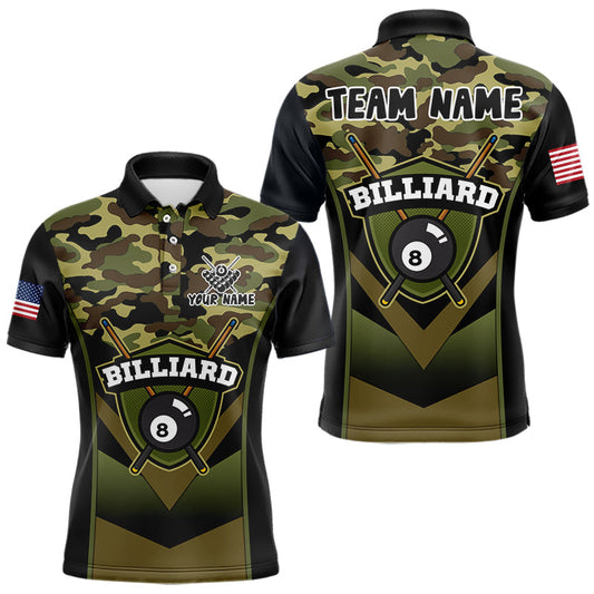 Maxcorners Personalized Green Camo 8 Ball Pool Billiard Shirt For Men, Billiard Team Jersey Polo & 1/4 Zip