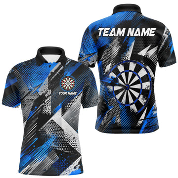 Maxcorners Personalized Blue Geometric Grunge Darts Shirt For Men Custom Darts Team Jersey Polo & 1/4 Zip LM1005