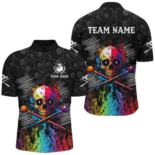 Maxcorners Personalized Colorful Skull Fire Billiard Shirts For Men Custom 8 Ball Pattern Billiard Jerseys Team Shirts