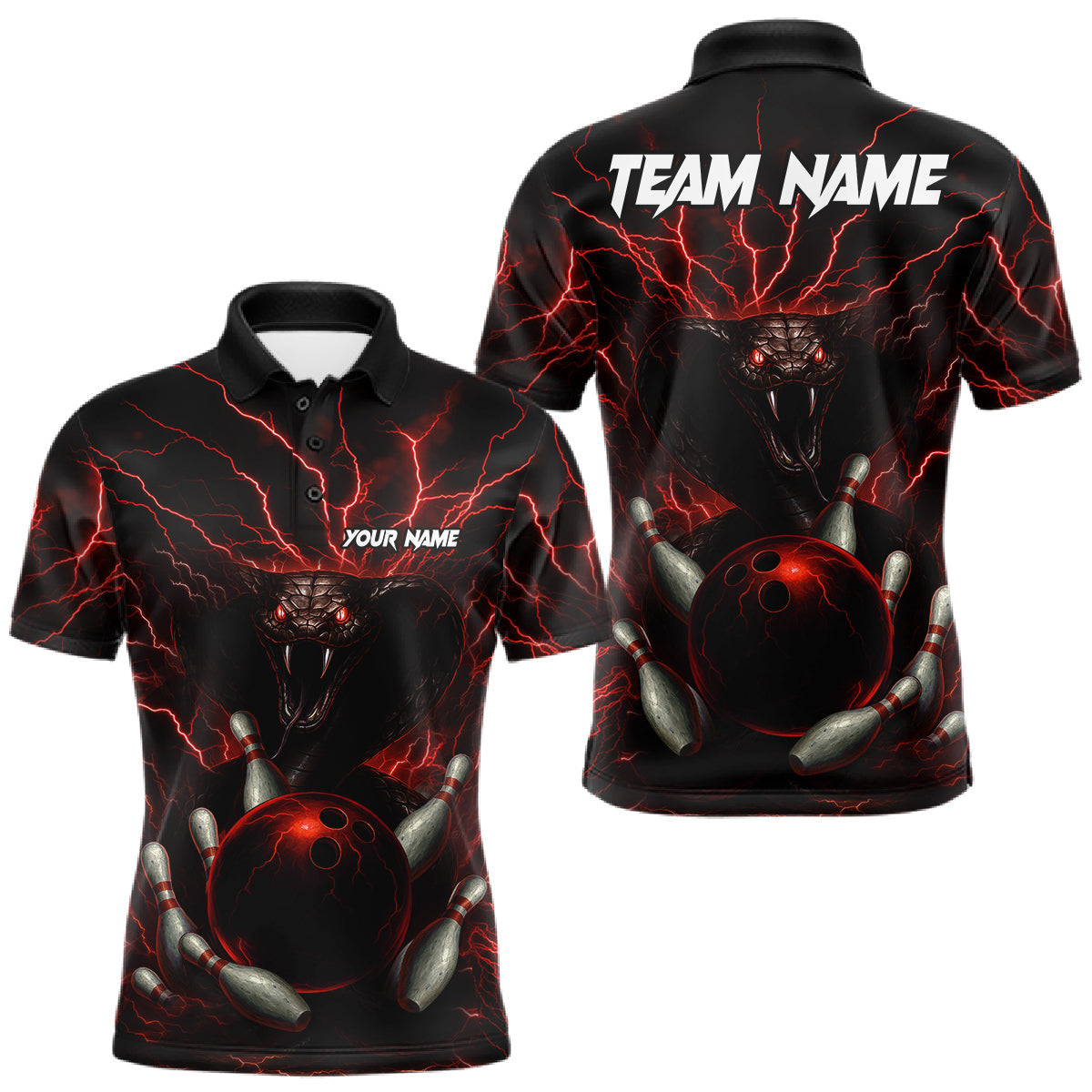 Maxcorners Personalized Red Lightning Thunder Cobra Snake Bowling Shirt For Men Custom Bowling Team Jersey