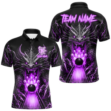 Maxcorners Personalized Dragon Bowling Jersey For Men Custom Purple Flame Bowling Team Shirt Polo & 1/4 Zip