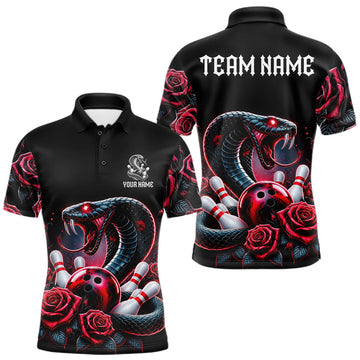 Maxcorners Personalized Cobra Snake And Roses Bowling Shirt For Men, Bowling League Team Jersey Polo, 1/4 Zip