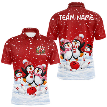 Maxcorners Red Funny Penguins Christmas Bowling Shirts For Men Custom Bowling Team Jersey, Bowling Gifts