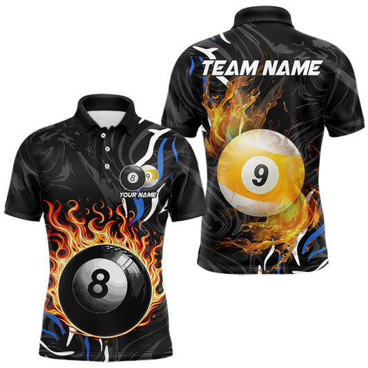 Maxcorners Personalized 8 Ball & 9 Ball Fire Flame Men Billiard Shirts, 3D Billiard Jerseys For Team Pooler | Blue LM2711