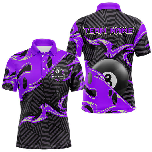 Maxcorners Custom Black Purple 8 Ball Tribal Flame Billiard Shirt For Men, Pool Team Jersey Polo & 1/4 Zip LM1104