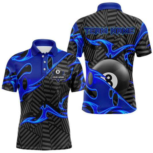 Maxcorners Custom Black And Blue 8 Ball Tribal Flame Billiard Shirt For Men, Pool Team Jersey Polo & 1/4 Zip LM1104