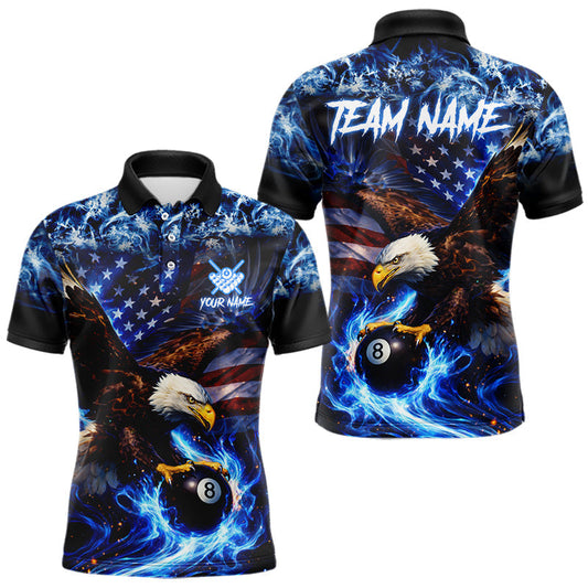 Maxcorners Blue Flaming Eagle 8 Ball Pool Billiard Shirt For Men Custom American Flag Billiard Team Jersey LM1104