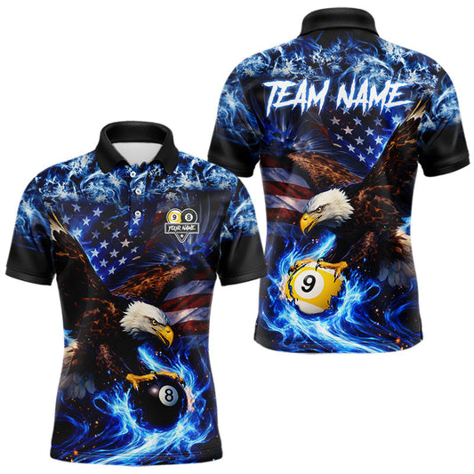 Maxcorners Blue Flaming Eagle 8 Ball 9 Ball Pool Billiard Shirt For Men Custom American Flag Billiard Jersey LM1104
