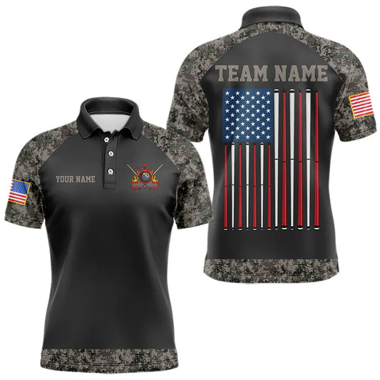 Maxcorners Personalized Retro Camo US Flag Billiard Shirt For Men, 8 Ball Pool Team Jersey Polo & 1/4 Zip LM2704