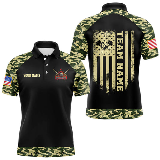 Maxcorners Personalized Green Camo US Flag Billiard Shirt For Men Custom Pool Team Jersey Polo & 1/4 Zip
