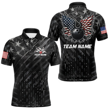 Maxcorners Black American Flag Bowling Wings Polo & Quarter Zip Shirts For Men, Patriotic Bowling Team Jersey
