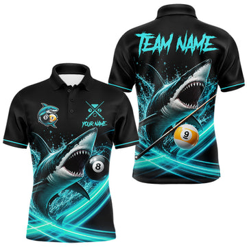 Maxcorners Black And Teal 8 Ball & 9 Ball Shark Billiard League Shirts For Men Custom Pool Team Jersey LM0410