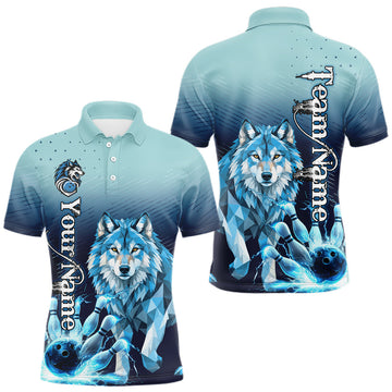 Maxcorners Blue Lightning Geometric Wolf Bowling Polo, Quarter Zip Shirts For Men Custom Bowling Team Jersey