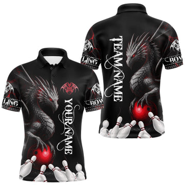 Maxcorners Black And Red Custom Dragon Bowling Polo, 1/4 Zip Shirt For Men, Bowling Team League Jersey