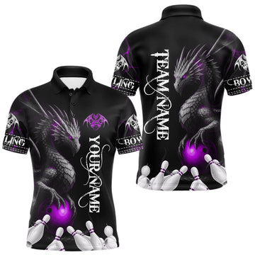 Maxcorners Black And Purple Custom Dragon Bowling Polo, 1/4 Zip Shirt For Men, Bowling Team League Jersey