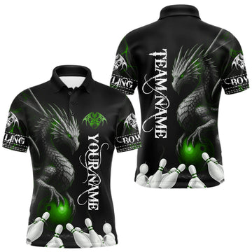 Maxcorners Black And Green Custom Dragon Bowling Polo, 1/4 Zip Shirt For Men, Bowling Team League Jersey