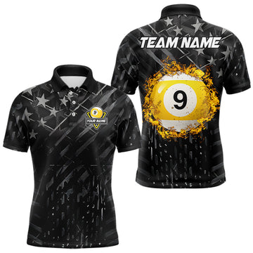 Maxcorners Black US Flag 9 Ball Fire Billiard Shirt For Men Custom Pool Team Billiard Jersey Polo & 1/4 Zip LM1112