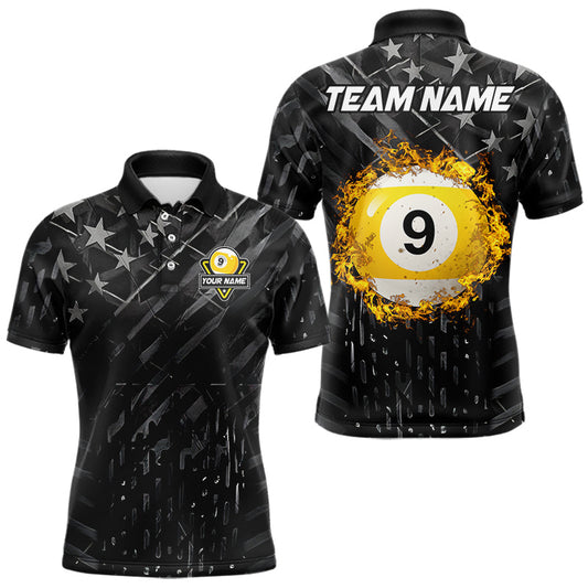 Maxcorners Black US Flag 9 Ball Fire Billiard Shirt For Men Custom Pool Team Billiard Jersey Polo & 1/4 Zip LM1112
