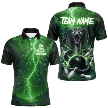 Maxcorners Custom Green Lightning Cobra Snake Bowling Shirt For Men, Bowling Team Jersey Polo & 1/4 Zip LM1104