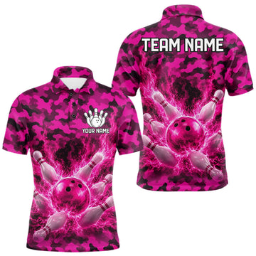 Maxcorners Custom Pink Camo Lightning Flame Bowling Jersey For Men, Bowling Team Shirts Polo & 1/4 Zip LM1705