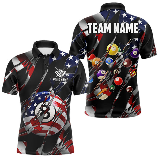Maxcorners American Flag 8 Ball Pool Billiard Shirts For Men Custom Patriotic Pool Team Jersey Polo, 1/4 Zip
