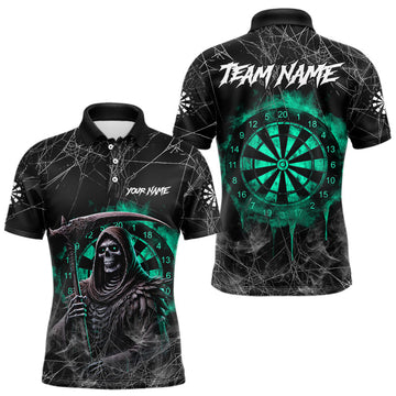 Maxcorners Black And Turquoise Smoke Grim Reaper Dart Shirts For Men Custom Halloween Darts Jersey Outfit LM1203