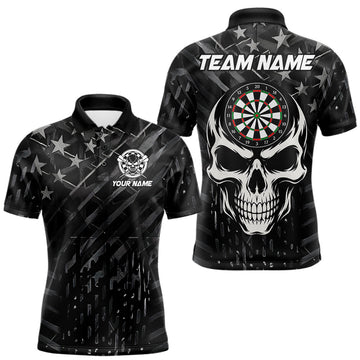 Maxcorners Personalized Black US Flag Skull Darts Shirt For Men Custom Darts League Team Jersey Polo, 1/4 Zip