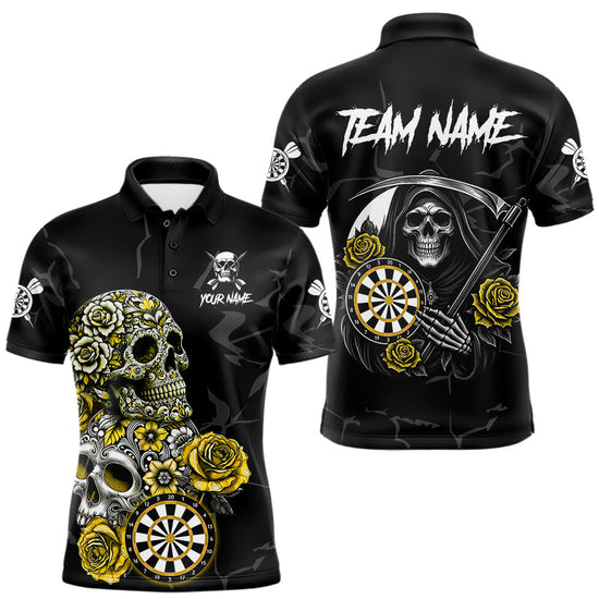 Maxcorners Personalized Yellow Funny Skull Roses Darts Shirt For Men Custom Darts Team Jersey, Darts Outfit