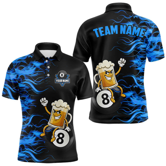 Maxcorners Blue Flaming Funny Beer 8 Ball Billiard Shirt For Men Custom Pool Team Jersey Polo & 1/4 Zip LM1202