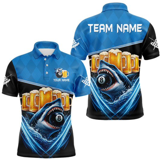 Maxcorners Blue Funny Beer Shark 8 Ball Billiard Jersey For Men Custom Pool Team Shirt Polo & 1/4 Zip LM1202