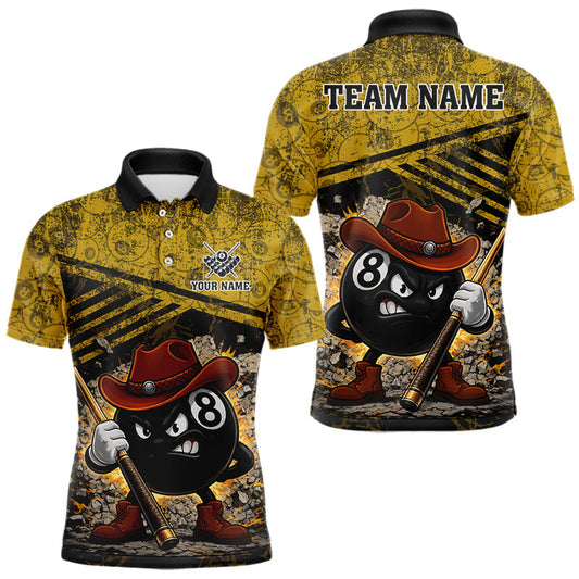 Maxcorners Yellow Grunge Funny 8 Ball Billiard Shirt For Men Custom Pool Team Jersey Polo & 1/4 Zip LM1005