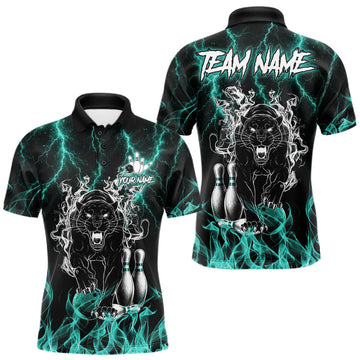 Maxcorners Custom Turquoise Flaming Panther Bowling Shirts For Men, Bowling Team League Jersey Polo & 1/4 Zip LM1406