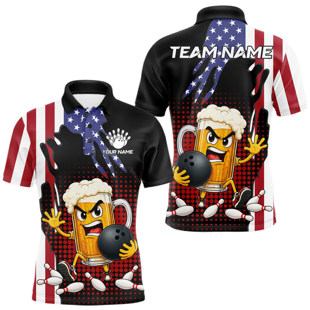 Maxcorners American Flag Funny Beer Bowling Shirts For Men Custom Patriotic Bowling Team Jersey Polo, 1/4 Zip