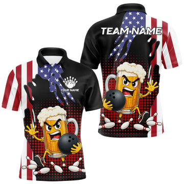 Maxcorners American Flag Funny Beer Bowling Shirts For Men Custom Patriotic Bowling Team Jersey Polo, 1/4 Zip