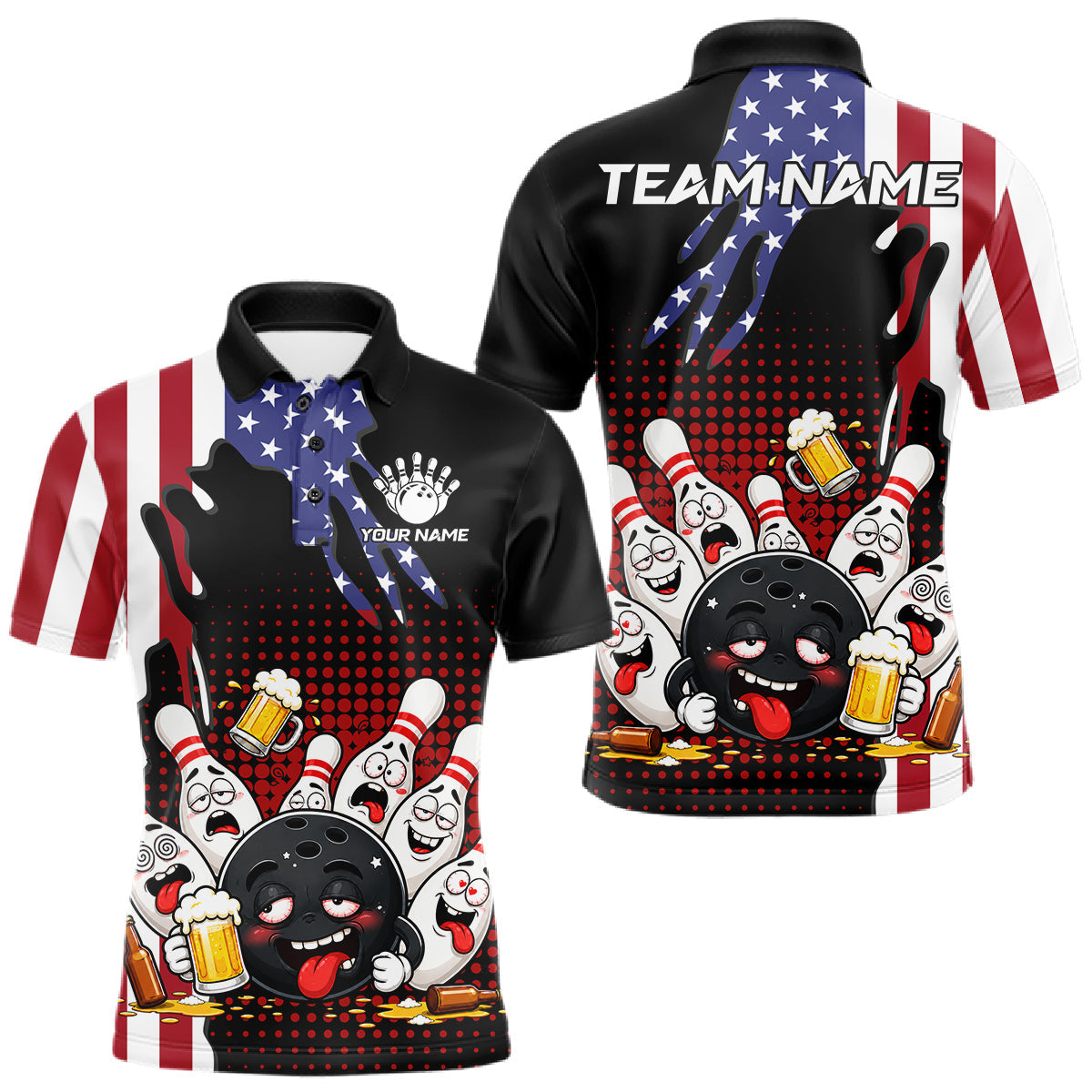 Maxcorners American Flag Funny Drunk Beer Bowling Shirts For Men Custom Patriotic Bowling Team Jersey