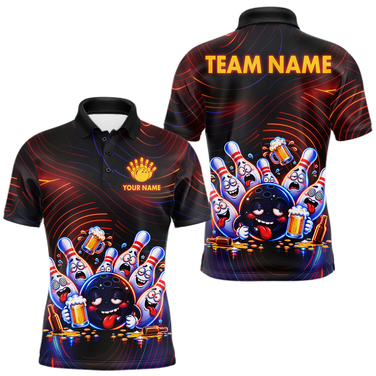 Maxcorners Funny Neon Drunk Bowling Jersey For Men Custom Bowling Shirt Polo & 1/4 Zip, Bowling Team Outfit