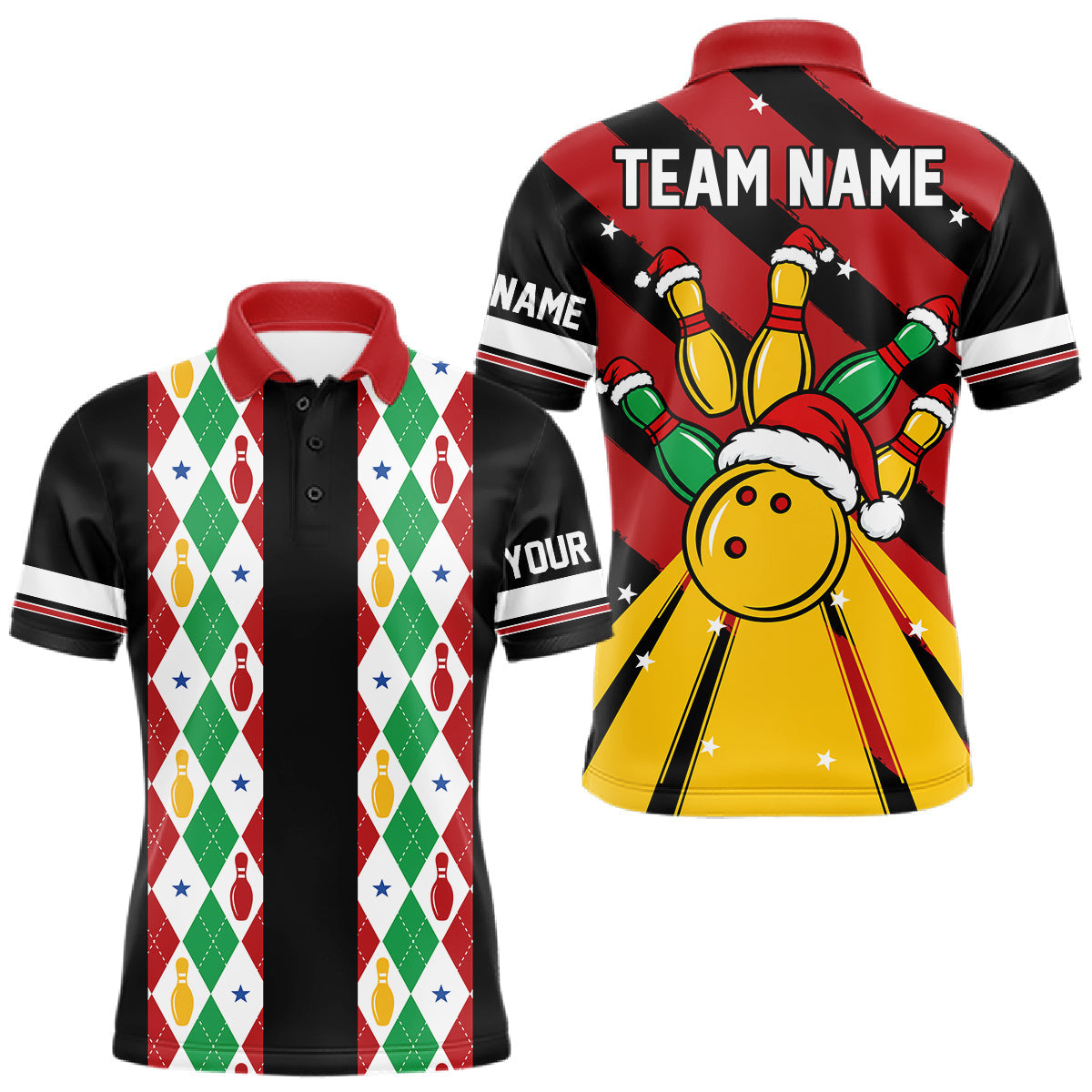 Maxcorners Christmas Argyle Pattern Bowling Polo, 1/4 Zip Shirts For Men Custom Xmas Bowling Team Jersey
